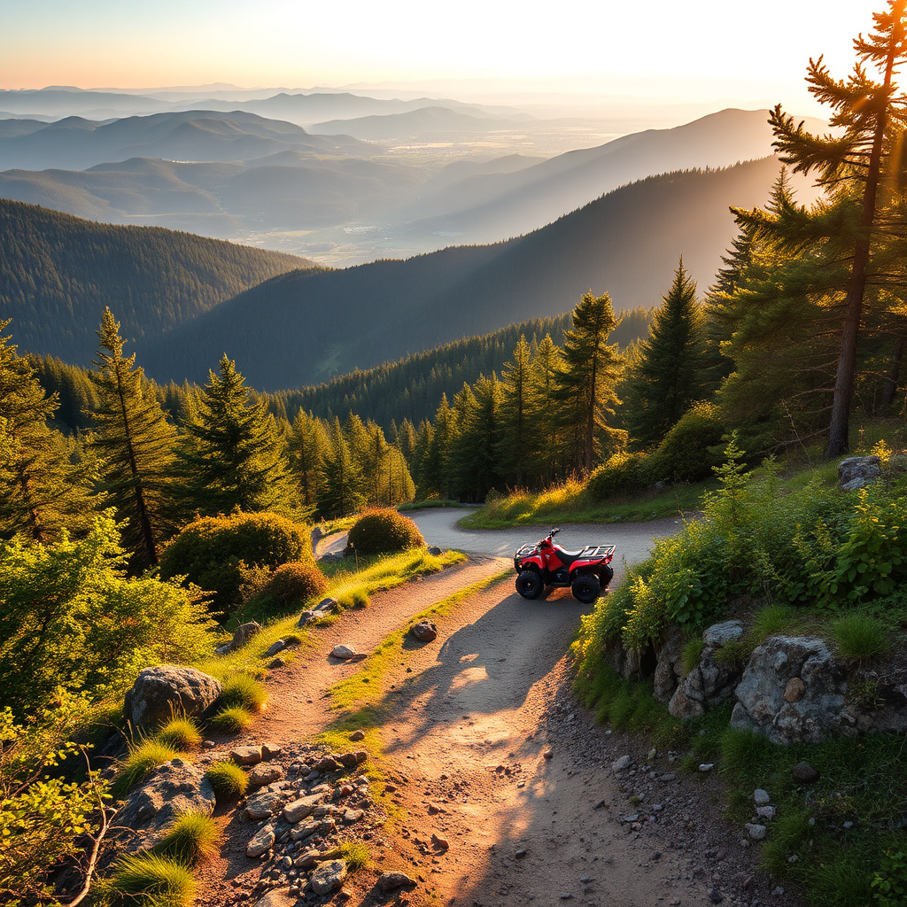 Capture a scenic view of the 'Vârful cu Dor' trail in Sinaia, focusing on the winding path and the panoramic view of the Prahova Valley. The image should highlight the natural beauty of the area, with lush forests, rolling hills, and distant mountain peaks. The lighting should be soft and golden, creating a sense of tranquility and serenity. Include a small ATV in the distance to give a sense of scale and adventure. Style: Photorealistic landscape photography. Technical specs: High resolution, wide dynamic range.