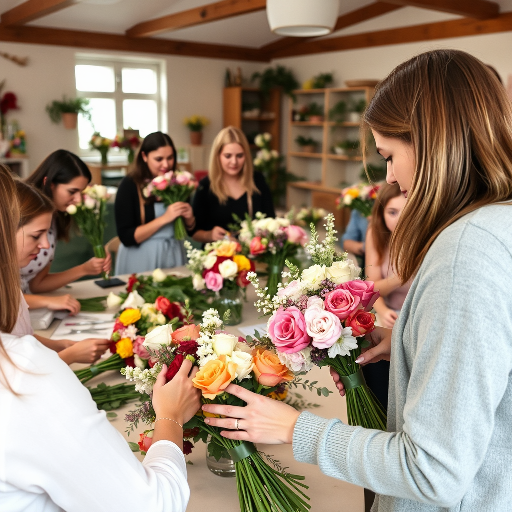 Capture an image of a floral workshop in "Flori cu Suflet Sinaia", with participants learning how to create bouquets. The environment is interactive and creative, with flowers and tools scattered around. The teacher is demonstrating an arrangement. Style reference: Educational, hands-on photography.