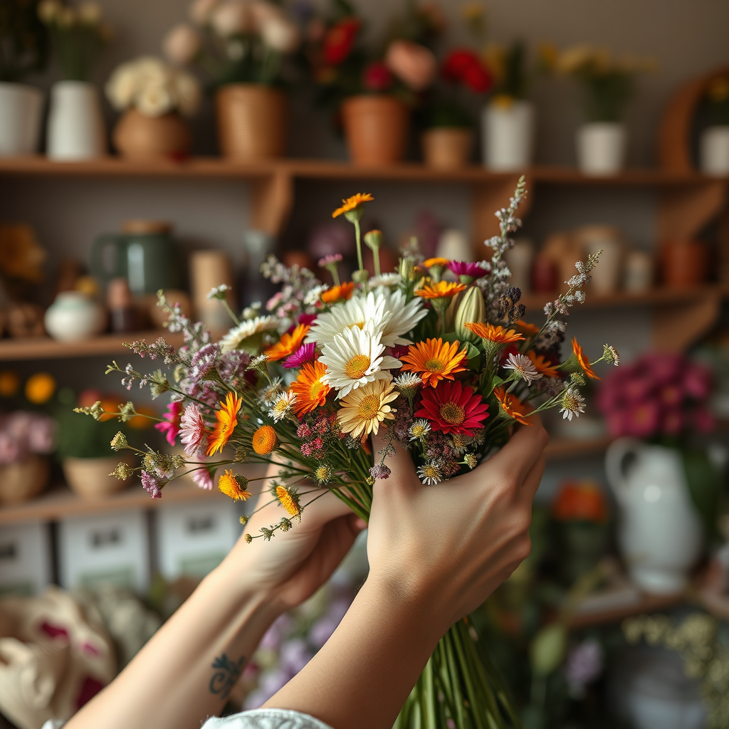 Create a 4K, high-quality photorealistic image depicting the hands of a florist delicately arranging a bouquet of vibrant wildflowers. The background should be softly blurred, showcasing a cozy and inviting flower shop interior with shelves filled with various blooms and floral supplies. The lighting should be warm and diffused, highlighting the textures and colors of the flowers. The focus is on the hands, conveying a sense of care, artistry, and dedication. The color palette should be rich and natural, with an emphasis on the vibrant hues of the wildflowers. The composition should evoke a feeling of intimacy and craftsmanship. The image should embody the essence of "Flori cu Suflet Sinaia," conveying passion and the love for floral design. Style reference: Soft, natural light photography reminiscent of Kinfolk magazine.