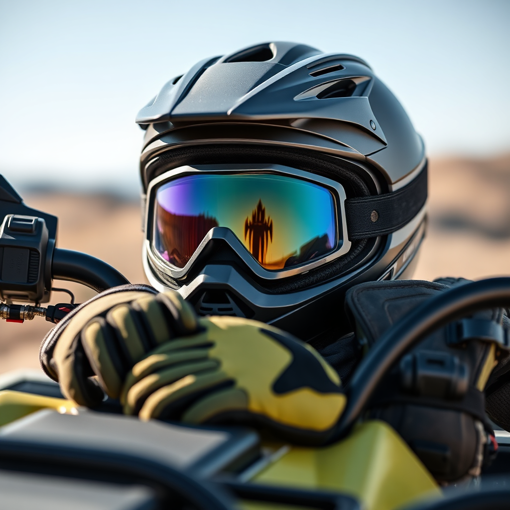 Create a close-up image showcasing the essential equipment for ATV riding, including a helmet, goggles, gloves, boots, and protective gear. The image should focus on the quality and functionality of the equipment, highlighting the safety features and comfort elements. The lighting should be bright and even, emphasizing the details of each item. Style: Product photography. Technical specs: Macro lens for close-up detail, high resolution.