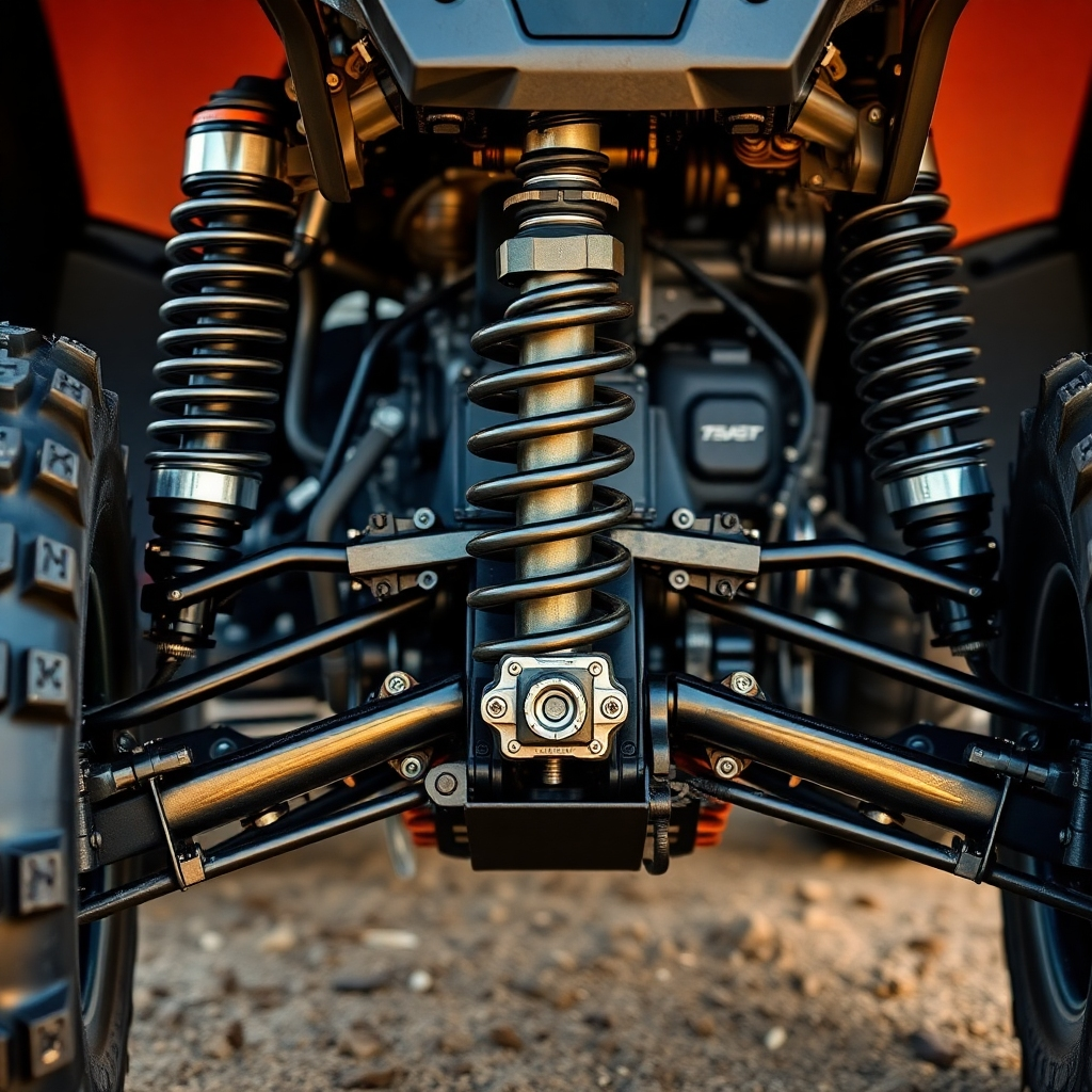 Create a close-up photorealistic image showcasing the high-quality components of an ATV, such as the suspension system, tires, and engine. The focus is on the technical details and the ruggedness of the equipment.