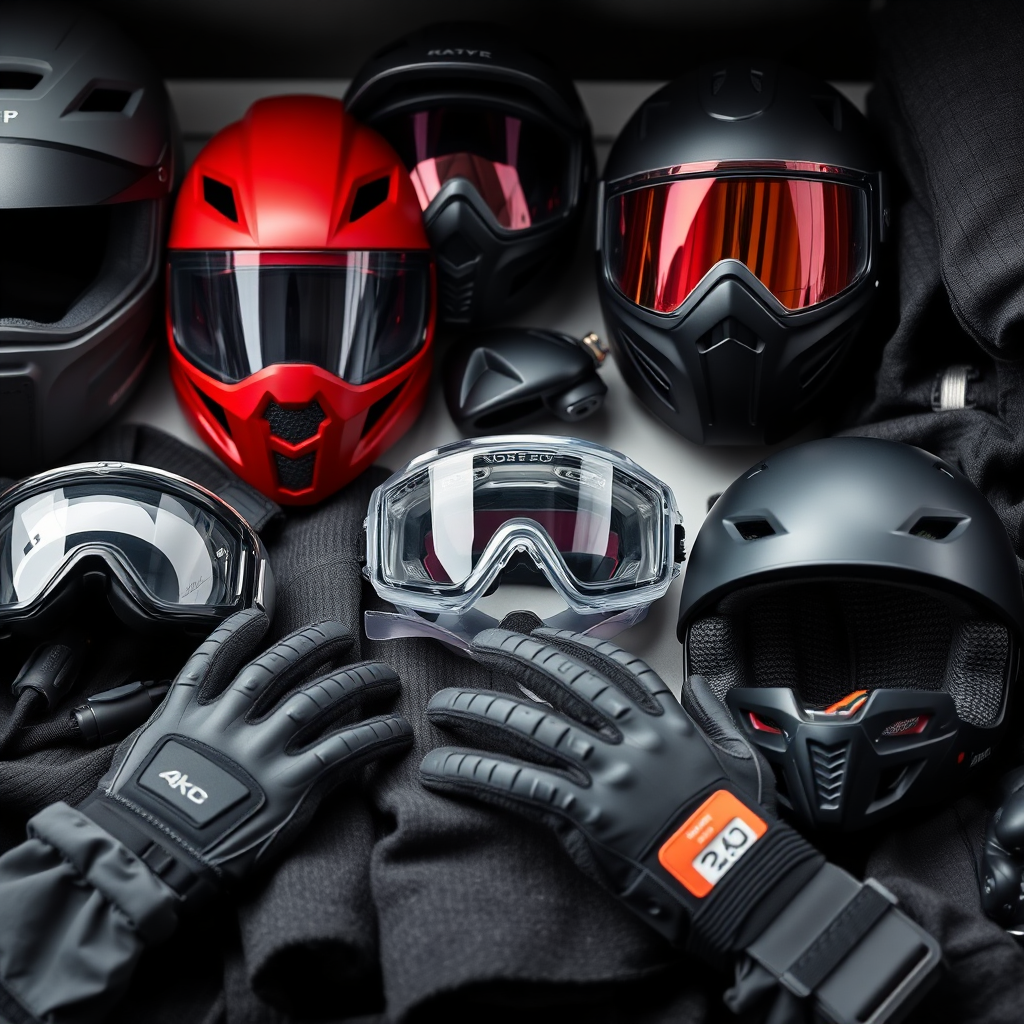 Create a display of protective gear, including helmets, goggles, gloves, and protective clothing. The image should emphasize the safety and comfort of the equipment, highlighting the quality and features of each item. The lighting should be bright and even, showcasing the details of the gear. Style: Product photography. Technical specs: High resolution, macro lens for detail.
