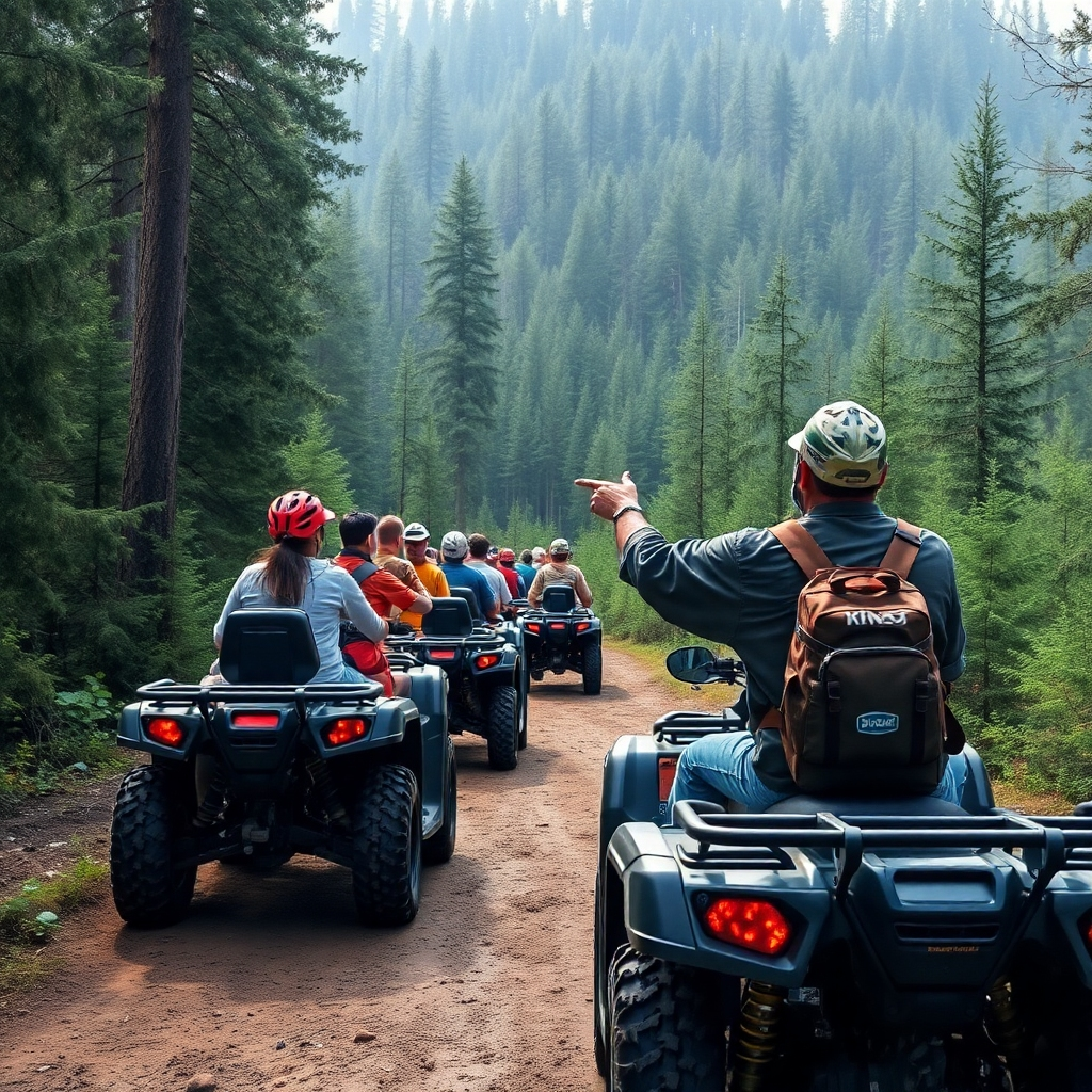 A photorealistic image depicting a group of friends riding ATVs together through a picturesque mountain landscape. The composition should emphasize the camaraderie and fun of the experience. The lighting should be bright and sunny, creating a cheerful atmosphere. Include details such as smiling faces, colorful clothing, and scenic backgrounds.