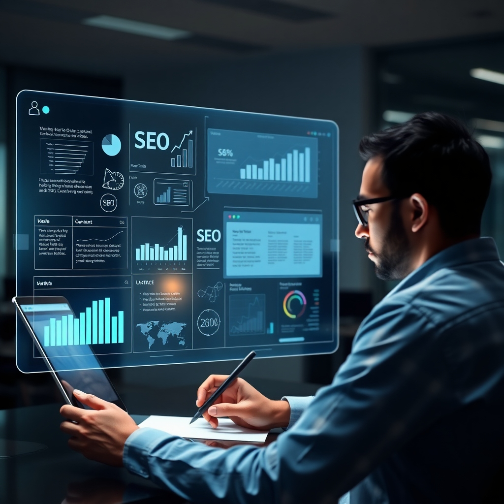 Create a photorealistic image of a writer crafting compelling content on a futuristic holographic screen. The screen should display various SEO tools and data visualizations. The writer should appear focused and inspired, with a subtle glow emanating from the screen. The background should be a modern, minimalist office space. The image should convey the idea of high-quality, SEO-optimized content creation.