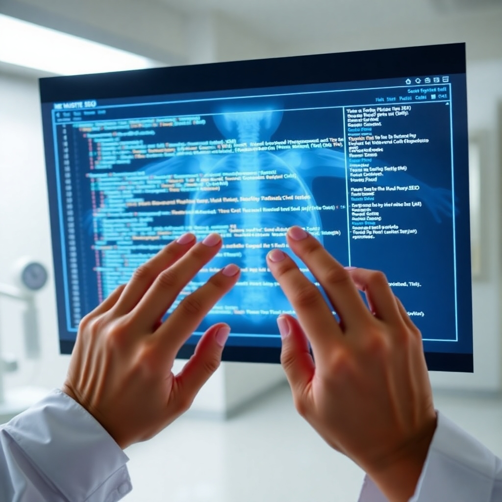 Create a photorealistic image of a doctor examining an x-ray of a website's code, highlighting technical SEO issues. The background should be a clean and sterile medical environment. The image should convey the idea of a thorough technical SEO audit.