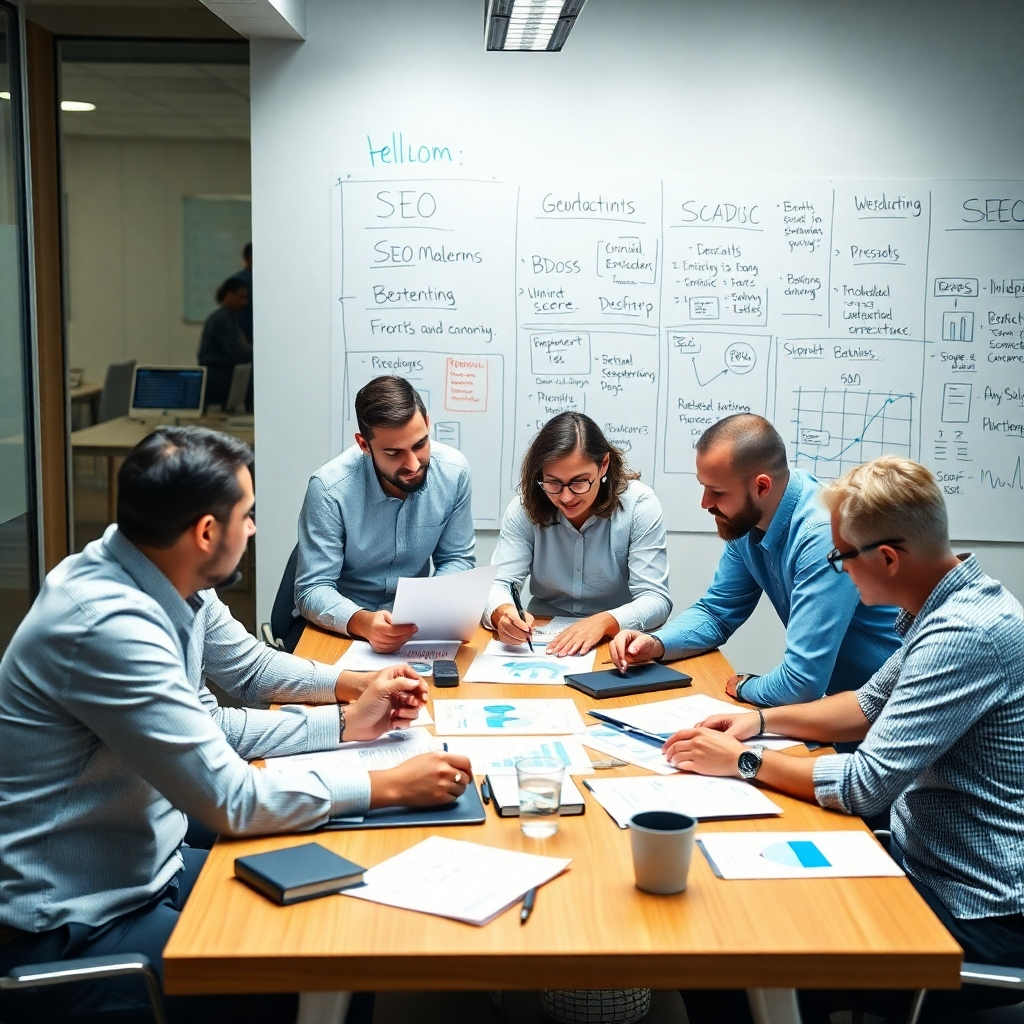Create a photorealistic image depicting a group of SEO experts collaborating around a table, analyzing data and brainstorming ideas. The atmosphere should be collaborative and energetic, with a focus on problem-solving and innovation. The background should be a modern office space with whiteboards filled with SEO strategies.