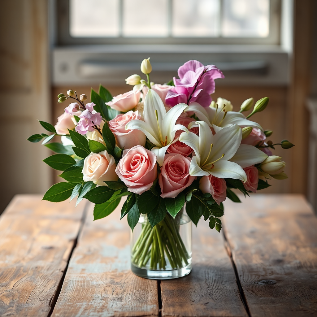 Create a photorealistic image of a custom floral arrangement featuring roses, lilies, and orchids in a glass vase. The arrangement is set on a rustic wooden table with a soft, natural light illuminating the scene. The background is subtly blurred to emphasize the details of the flowers and the vase. The color palette is elegant and sophisticated, with a focus on pastel hues and rich greens. The overall composition should convey a sense of luxury and personalized service. Style reference: High-end floral design photography.