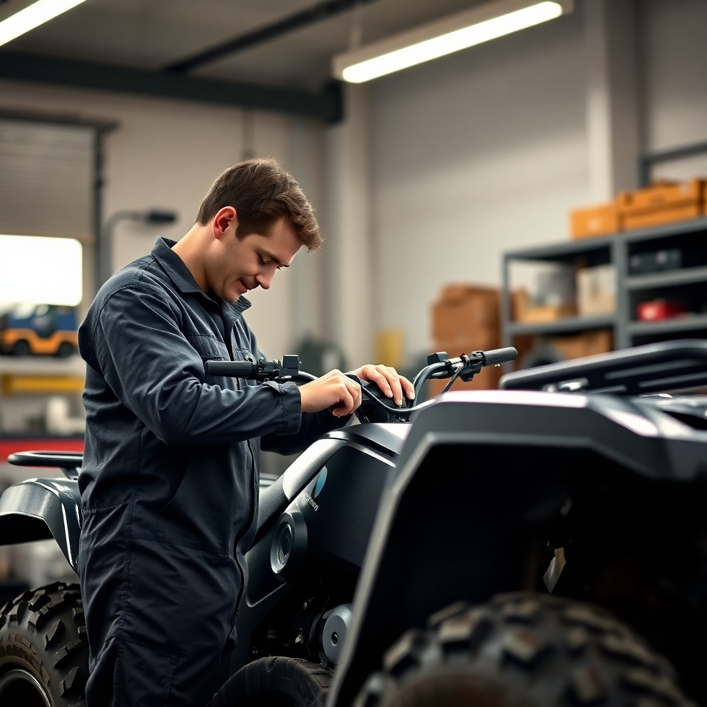 Create a photorealistic image of a mechanic carefully inspecting an ATV in a well-lit garage. The focus is on the meticulous attention to detail and the commitment to safety. The image should convey trust and reliability.