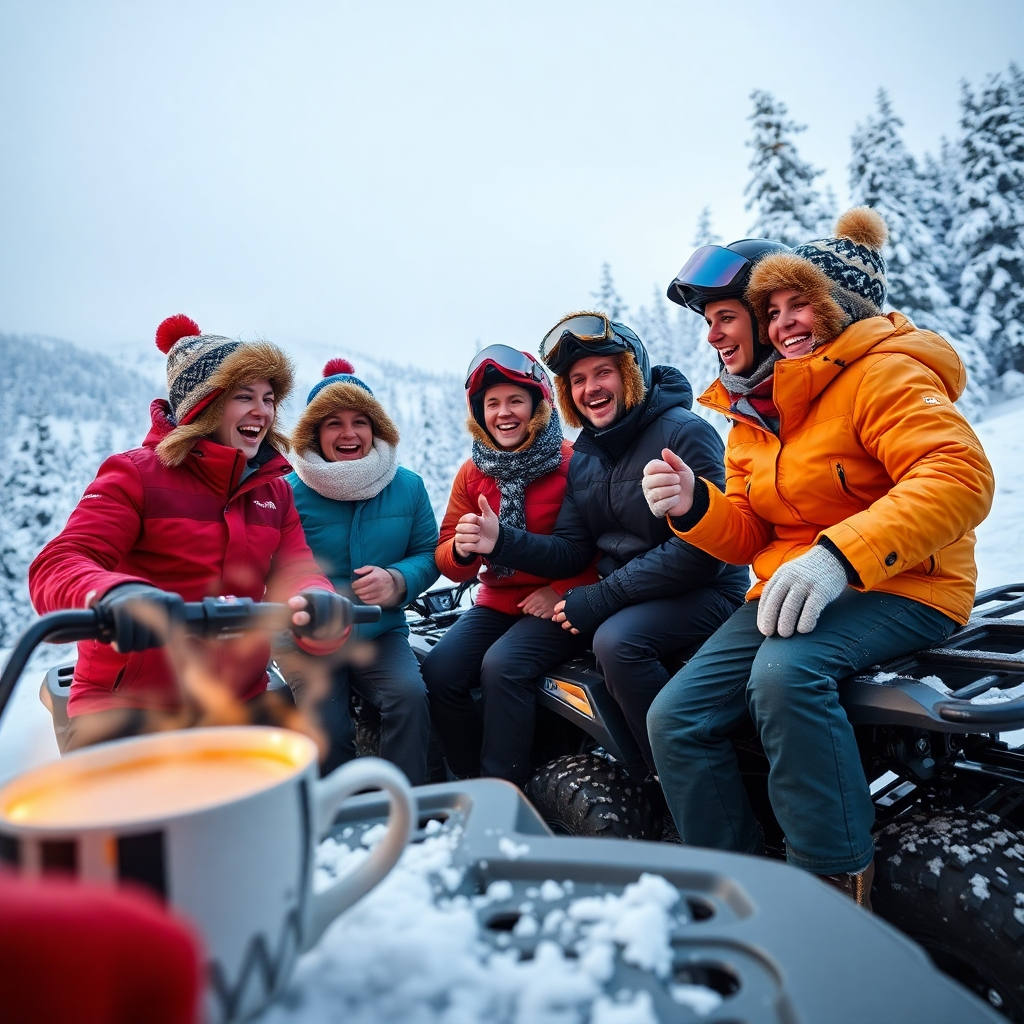 Create a photorealistic image representing the spirit of 'Inchirieri ATV Sinaia'. The scene should depict a group of friends, bundled in winter gear, laughing and celebrating after an ATV ride in a snowy mountain setting. The composition should be dynamic, capturing the joy and camaraderie of the group. The lighting should be warm and inviting, suggesting a cozy and friendly atmosphere. The color palette should include vibrant colors from the riders' clothing against the white backdrop of the snow. The camera angle should be slightly low, emphasizing the height and majesty of the surrounding mountains. Include details such as snow-covered trees, a steaming mug of hot chocolate, and ATVs parked in the background. The style should be realistic but with a touch of warmth and charm. Aim for a 4K resolution image that conveys the feeling of adventure and friendship.