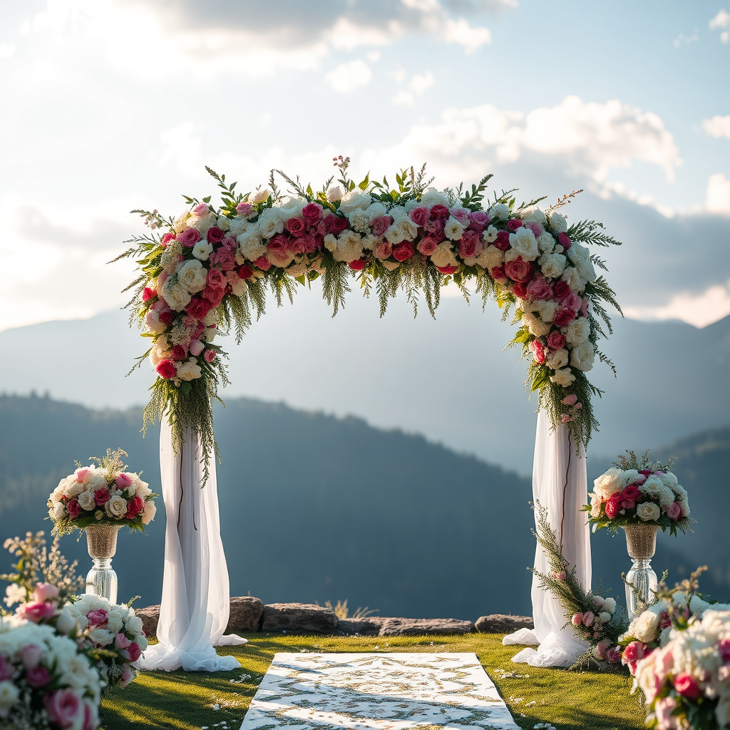 Create a photorealistic image of a beautifully decorated wedding arch adorned with flowers from "Flori cu Suflet Sinaia", set against a backdrop of the Carpathian Mountains. The lighting is soft and romantic, casting a warm glow on the scene. Style reference: Luxury wedding photography.