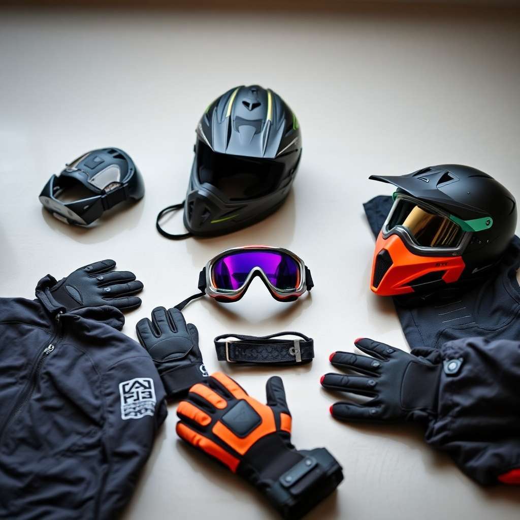 Create a product shot of essential ATV riding gear, including helmets, goggles, gloves, and protective clothing. The equipment is displayed on a clean surface, and the focus is on the quality and functionality of each item. The image should convey safety and comfort.