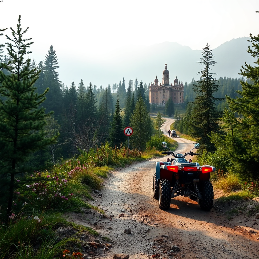 Create a serene image of an ATV trail near the Sinaia Monastery, focusing on the peaceful atmosphere and natural beauty of the area. The scene should depict the ATV trail winding through a lush forest, with the monastery visible in the background. The lighting should be soft and diffused, creating a sense of calm and tranquility. Include elements of nature, such as trees, flowers, and birds. Style: Landscape photography with a focus on serenity. Technical specs: High resolution, balanced composition.