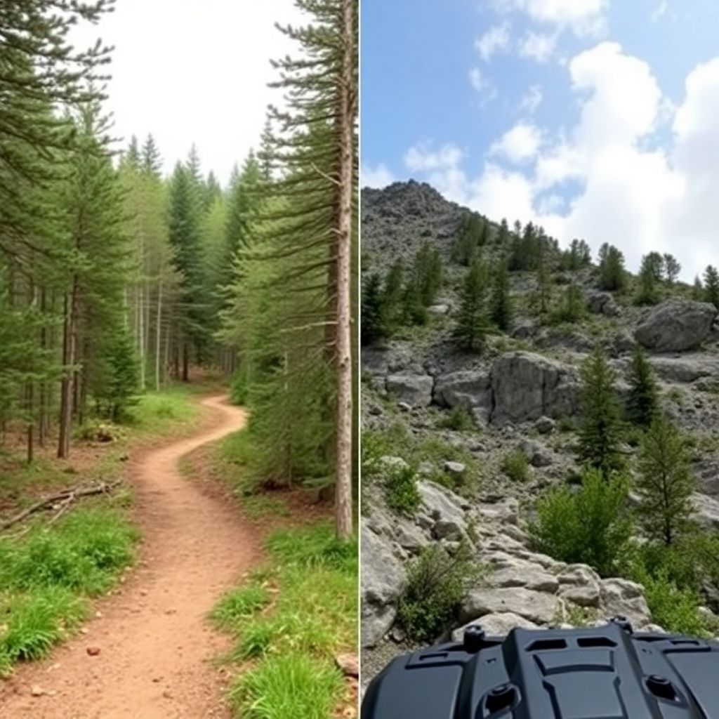 Create a split-screen image showing two different ATV trails: one a gentle path through a forest, and the other a steep and rocky mountain climb. The image should illustrate the range of difficulty levels available.