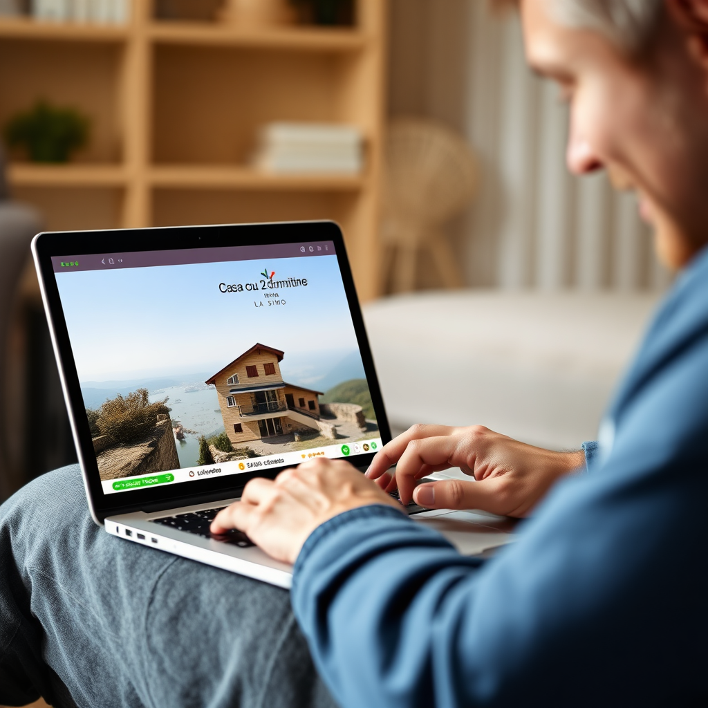 Visualize a calendar showing available dates at "Casa cu 2 Dormitoare La Simo". A hand is clicking on a specific date to book a stay. The calendar is displayed on a tablet with a friendly and inviting user interface. The background is blurred, focusing on the calendar. The lighting is soft and professional. The image should convey ease of booking and accessibility. Aim for a clean and modern style.