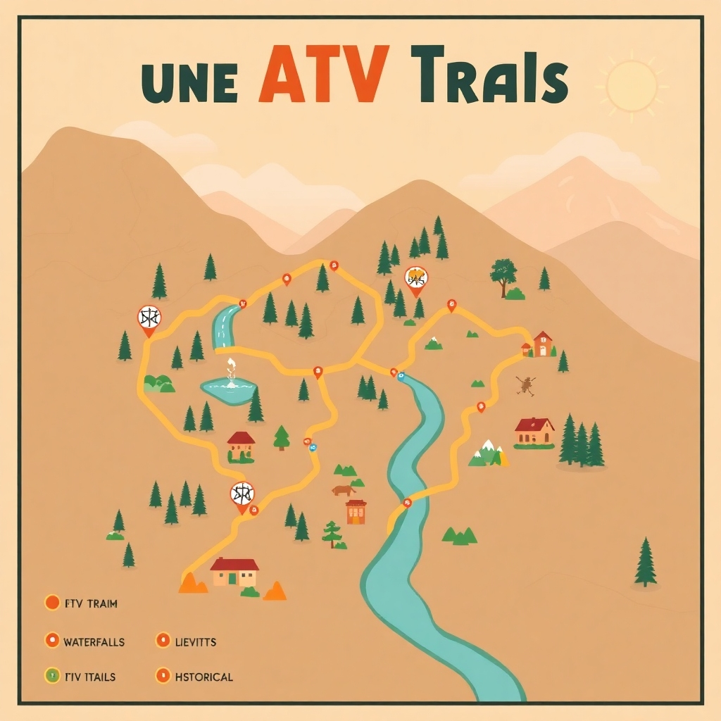 Create a stylized image of a map highlighting unique ATV trails around Sinaia. Use a warm color palette and incorporate icons representing points of interest like waterfalls, viewpoints, and historical sites. The image should convey a sense of discovery and excitement.