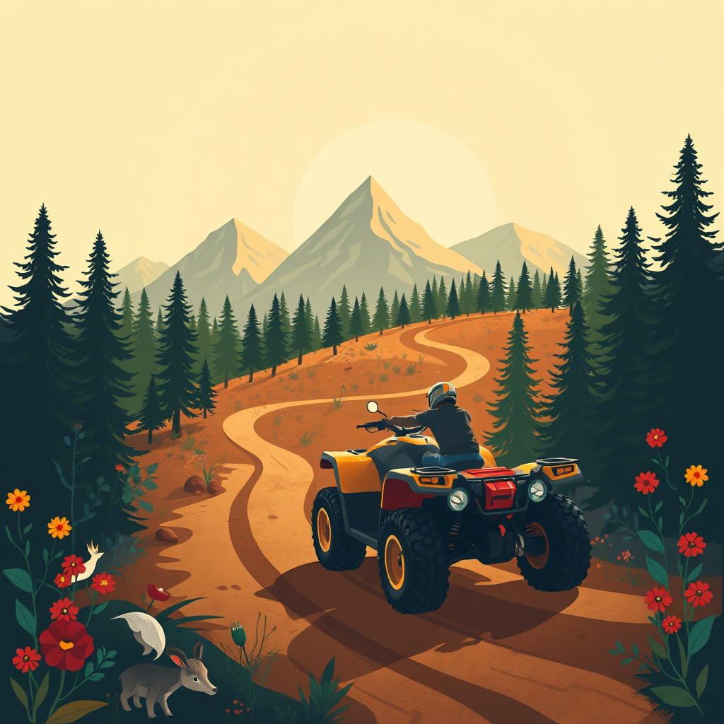 Create a stylized image representing the spirit of ATV adventure in the Carpathian Mountains. The scene should feature an abstract representation of an ATV track winding through a forest, with stylized mountain peaks in the background. Incorporate elements of Romanian folklore and nature, such as stylized flowers or animals. Use a warm color palette with earth tones and vibrant accents. The lighting should be soft and inviting, creating a sense of wonder and excitement. Style: A blend of photorealism and graphic design, with a touch of Romanian folk art. Technical specs: 4K resolution, high quality, suitable for website display.