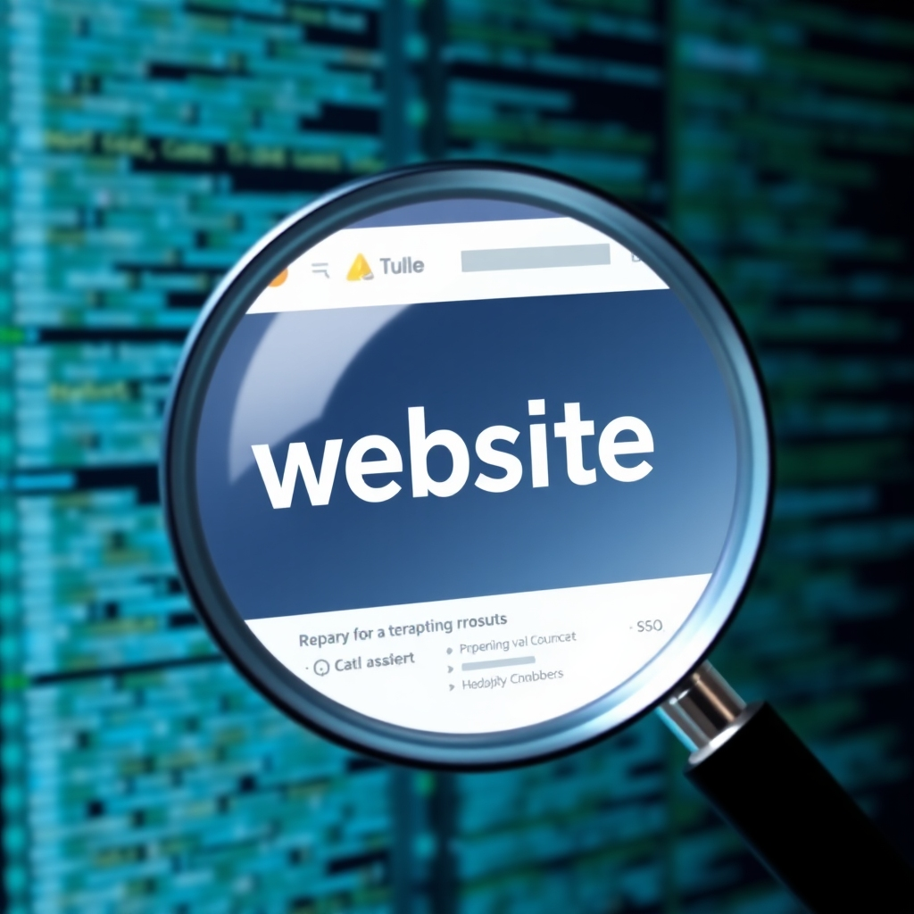 Create a visual representation of a website being thoroughly scanned by a digital magnifying glass, uncovering hidden issues and opportunities. The background should be a complex network of code and data.
