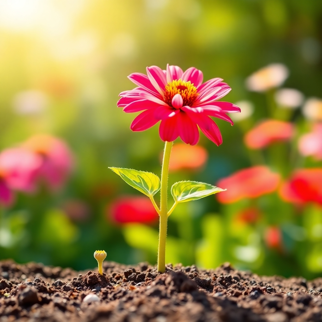 Create an image depicting a plant growing from a small seed into a flourishing flower, symbolizing organic growth and development. The background should be a bright and sunny garden.