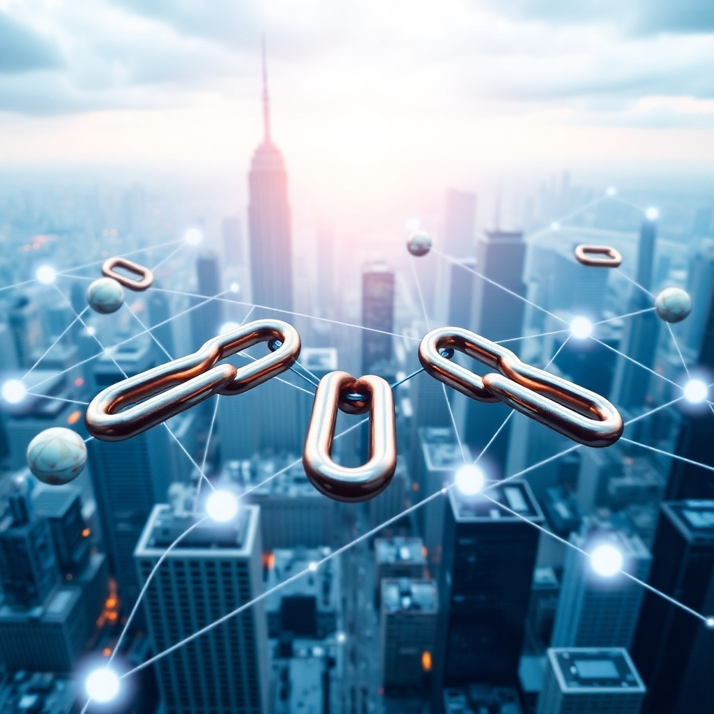 Create an image depicting a strong, interconnected network of links connecting various websites, symbolizing the power of link building. The background should be a futuristic city with interconnected buildings.