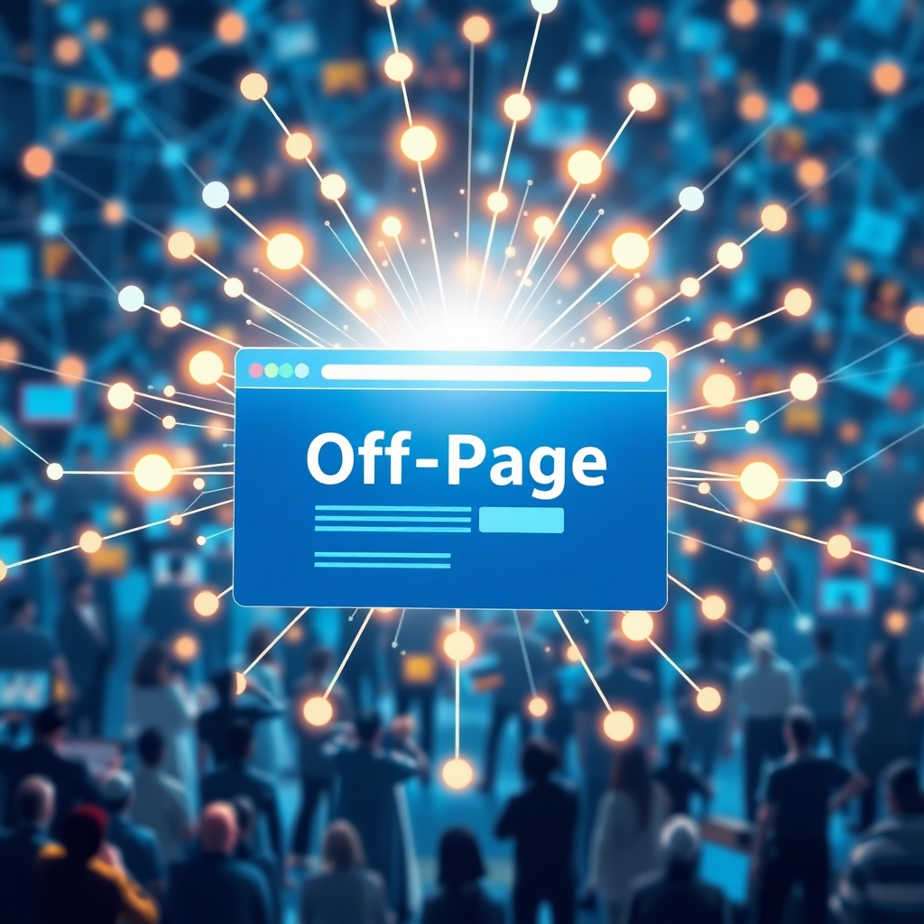 Create an image depicting a website radiating positive energy and influence, symbolizing off-page optimization. The background should be a vibrant and interconnected online community.