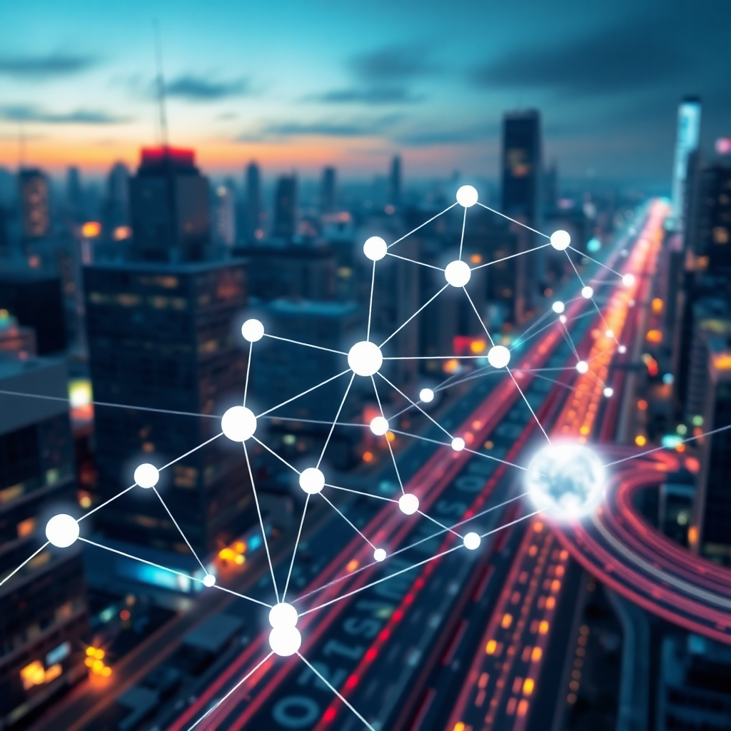 Create an image of interconnected nodes representing websites, with strong links connecting them to form a robust network. The background should be a futuristic cityscape with illuminated pathways.