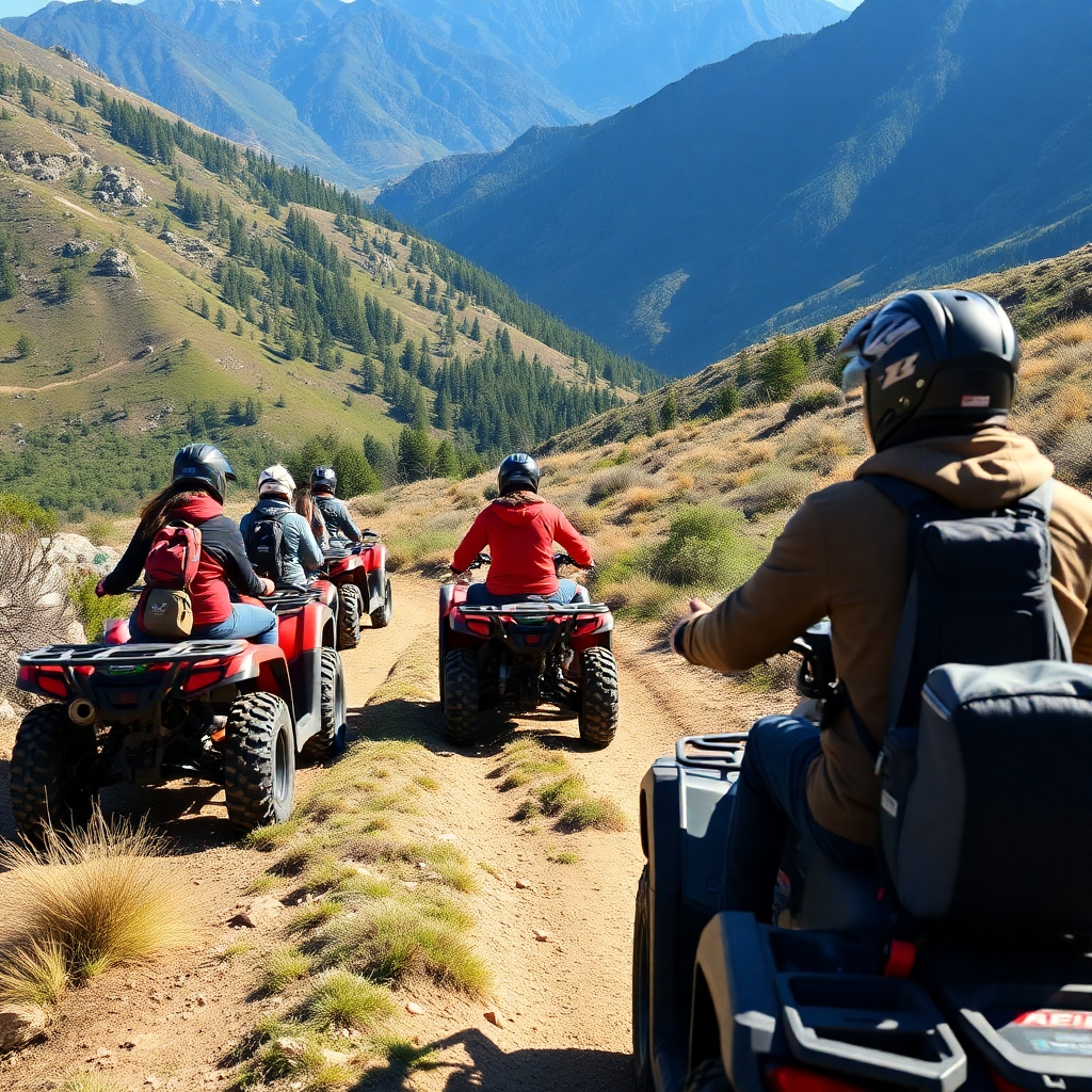 Depict a group of ATV riders following a guide through a scenic mountain trail. Capture the sense of adventure and discovery. Use natural lighting to enhance the beauty of the landscape. Consider a medium shot that focuses on the group and the guide.