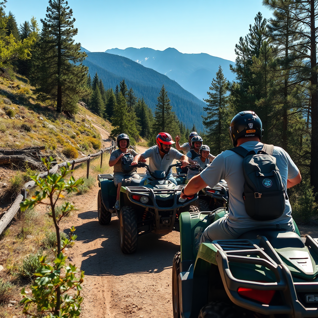 Depict a group of ATV riders following a guide on a scenic mountain trail. The scene should emphasize the safety and enjoyment of guided tours, with experienced guides leading the way and riders having fun. The lighting should be bright and clear, creating a sense of adventure and camaraderie. Style: Lifestyle photography. Technical specs: High resolution, balanced composition.