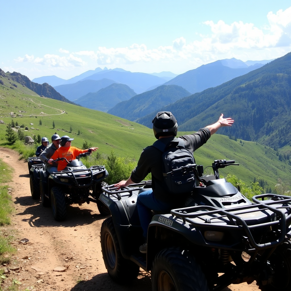 Depict a guided ATV tour group traversing a mountain trail, with the guide pointing out landmarks and providing insights.