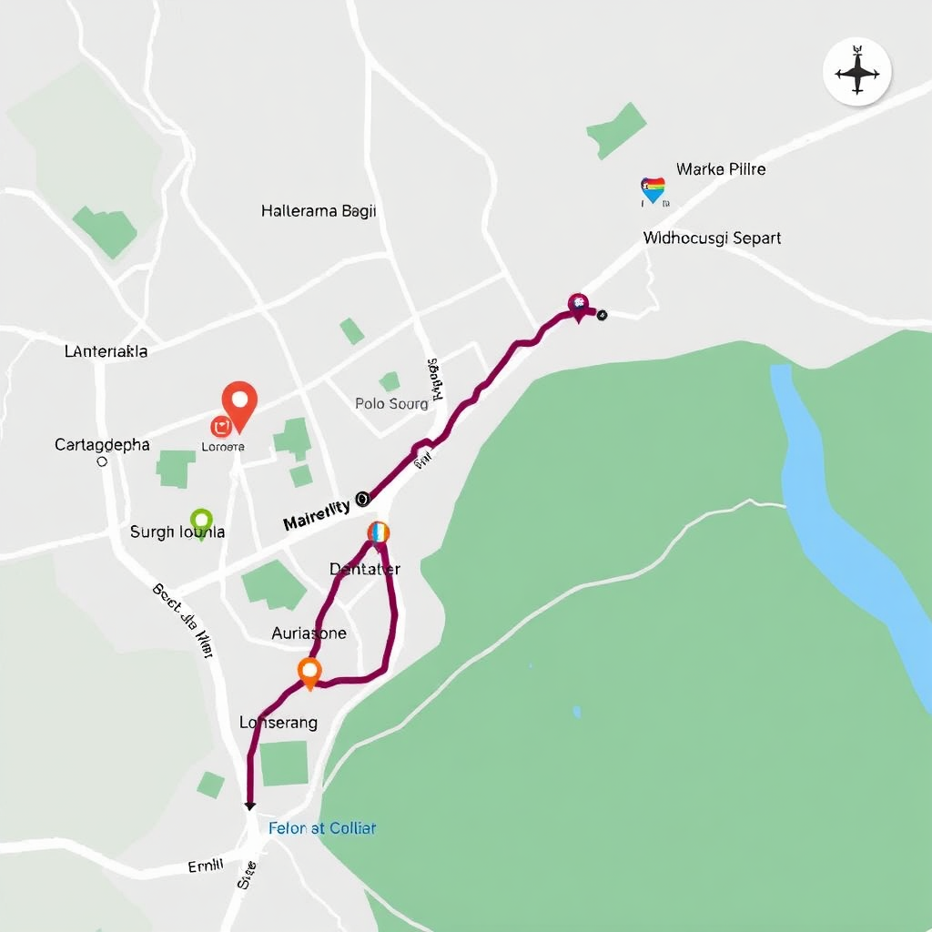 Depict a map showing the location of "Casa cu 2 Dormitoare La Simo". The map is easy to read and highlights the route from the nearest city or airport. Landmarks and points of interest are clearly marked. The style is clean and informative. The image should convey accessibility and ease of navigation. Aim for a modern and user-friendly design.