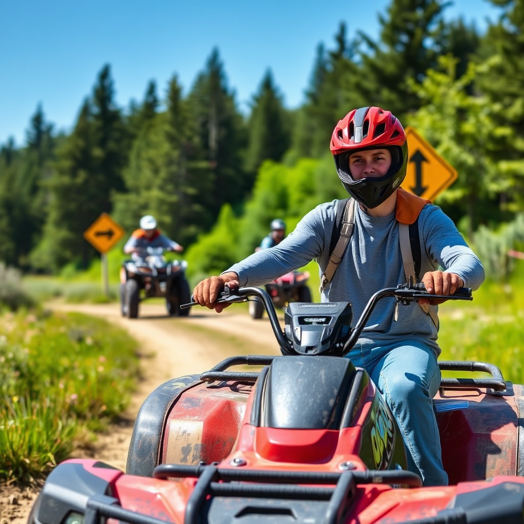 Depict a responsible ATV rider demonstrating safe riding practices, such as maintaining a safe distance from other riders, respecting trail signs, and wearing appropriate protective gear. The scene should take place on a well-maintained ATV trail, with clear visibility and responsible riders. The lighting should be bright and clear, emphasizing the importance of safety. Style: Lifestyle photography with a focus on safety. Technical specs: High resolution, balanced composition.