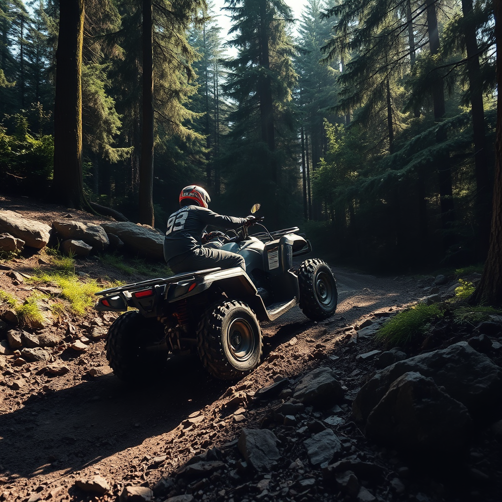 Depict an ATV navigating a challenging section of the trail near 'Cota 1400' in Sinaia. The scene should focus on the ATV tackling a rocky incline, with dense forest surrounding the path. The lighting should be dramatic, with shadows and highlights emphasizing the difficulty of the terrain. Include elements of adventure, such as mud splatters and rugged scenery. Style: Action photography. Technical specs: High shutter speed to freeze the action, high resolution for detail.