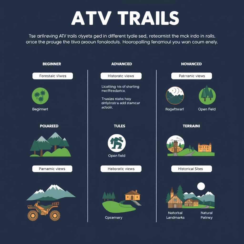 Design an infographic-style image illustrating the different types of ATV trails available in Sinaia. The image should include icons representing various difficulty levels (beginner, intermediate, advanced), terrain types (forest, mountain, open field), and scenery (panoramic views, historical sites, natural landmarks). Use a clean and modern design with clear labels and easy-to-understand visuals. Style: Infographic, graphic design. Technical specs: Vector graphics, high resolution.