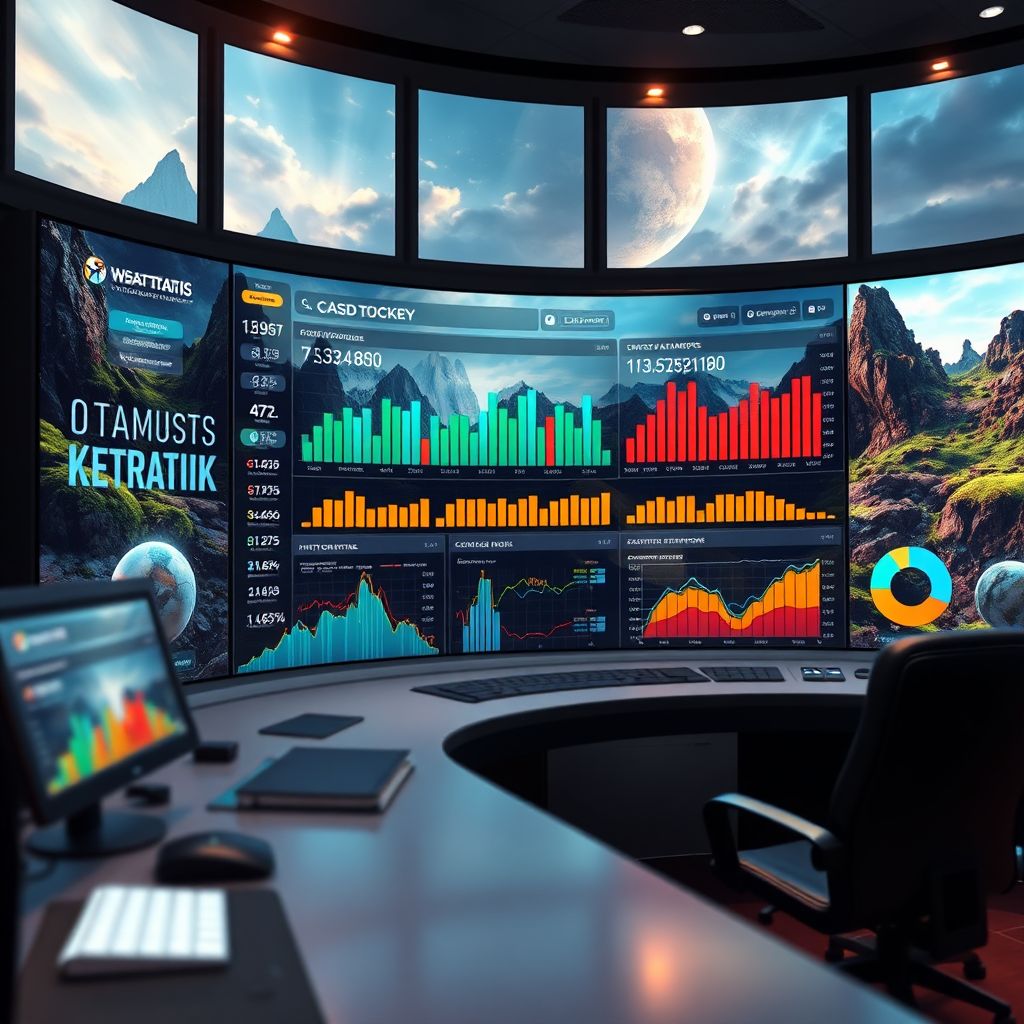 Visualize a dashboard with dynamic charts and graphs showcasing website traffic, keyword rankings, and conversion rates. The dashboard should be displayed on a large, curved screen in a modern control center. The scene should convey a sense of real-time monitoring and data-driven decision-making. The color palette should be a mix of blues, greens, and oranges, with clear and concise data visualizations.