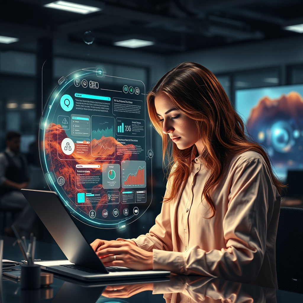 Create a photorealistic image of a writer crafting compelling content on a futuristic holographic screen. The screen should display various SEO tools and data visualizations. The writer should appear focused and inspired, with a subtle glow emanating from the screen. The background should be a modern, minimalist office space. The image should convey the idea of high-quality, SEO-optimized content creation.