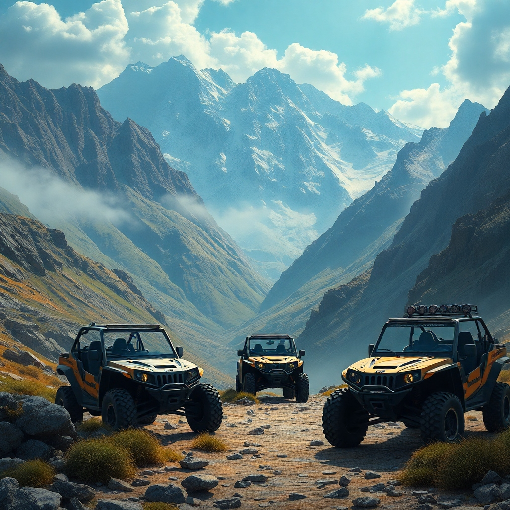 Create a heartwarming image of a family riding ATVs together on a scenic trail. The family is smiling and laughing, and the atmosphere is filled with joy and camaraderie. The image should evoke feelings of togetherness and shared experiences.