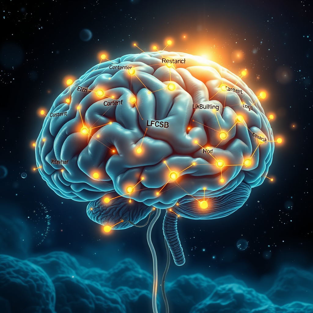 Visualize a 3D rendering of a brain with interconnected nodes and lines, each node representing a different aspect of SEO (e.g., keyword research, content optimization, link building). The lines connecting the nodes should light up sequentially, symbolizing the dynamic flow of information and strategy. The color palette should be a blend of blues and greens, with highlights of gold to represent strategic breakthroughs. The background should be a dark, abstract space. This image should illustrate the intricate and interconnected nature of a successful SEO strategy.