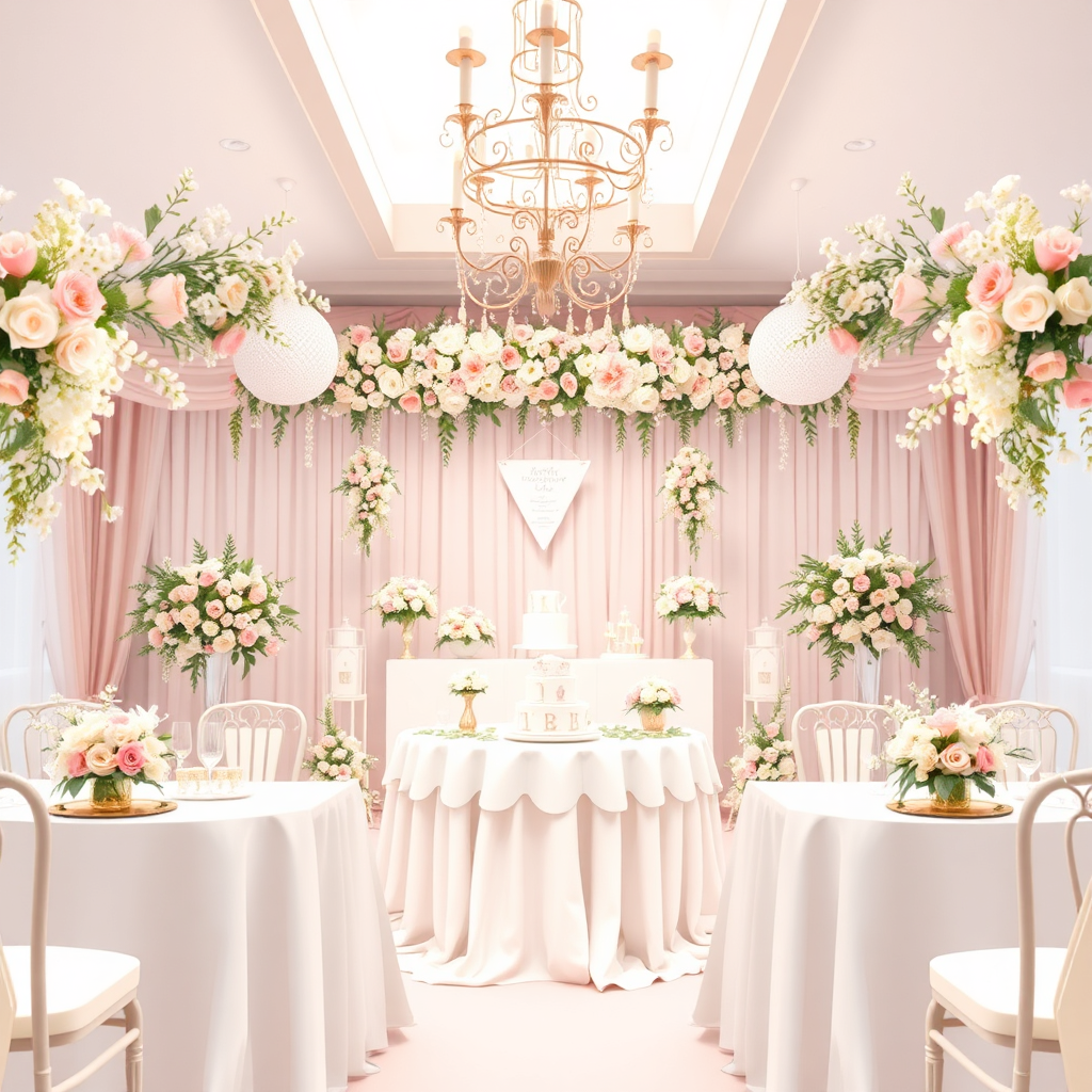 Illustrate a charming baptism celebration with delicate floral arrangements from "Flori cu Suflet Sinaia" adorning the venue. The colors are soft and pastel, creating a joyful and innocent atmosphere. Style reference: Cute, decorative photography.