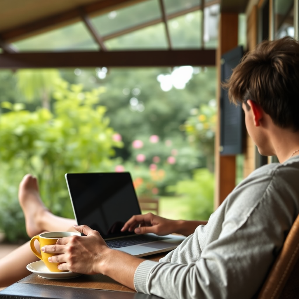 Imagine a guest enjoying the amenities of "Casa cu 2 Dormitoare La Simo". A person is seen relaxing on the porch, using a laptop with a cup of coffee beside them. The background shows the lush garden. The lighting is soft and natural. The camera angle is slightly low, emphasizing the relaxed atmosphere. The image should convey a sense of comfort and convenience. Aim for a photorealistic, high-quality image.