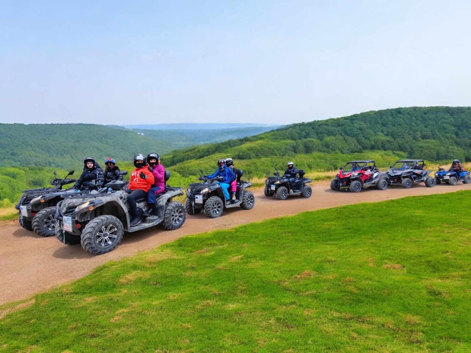 Capture a breathtaking, photorealistic, ultra-high resolution (8K) header image showcasing the thrill of ATV riding in Sinaia. The main subject is a modern ATV kicking up snow dust as it navigates a winding mountain trail, with a clear view of the Bucegi Mountains in the background. The lighting should be bright, winter sunlight casting long shadows, emphasizing the texture of the snow and the rugged terrain. The color palette should be dominated by whites, blues, and browns of the natural environment, with pops of color from the ATV (perhaps red or yellow). Use a wide-angle lens to capture the vastness of the landscape. Include details like snow-covered trees, rocky outcrops, and a sense of speed and adventure. The ATV rider should be silhouetted, wearing appropriate winter gear. The overall style is hyperrealistic, aiming for a photo-like quality with enhanced detail and clarity. The environment should feel cold and crisp, evoking the exhilaration of the experience.