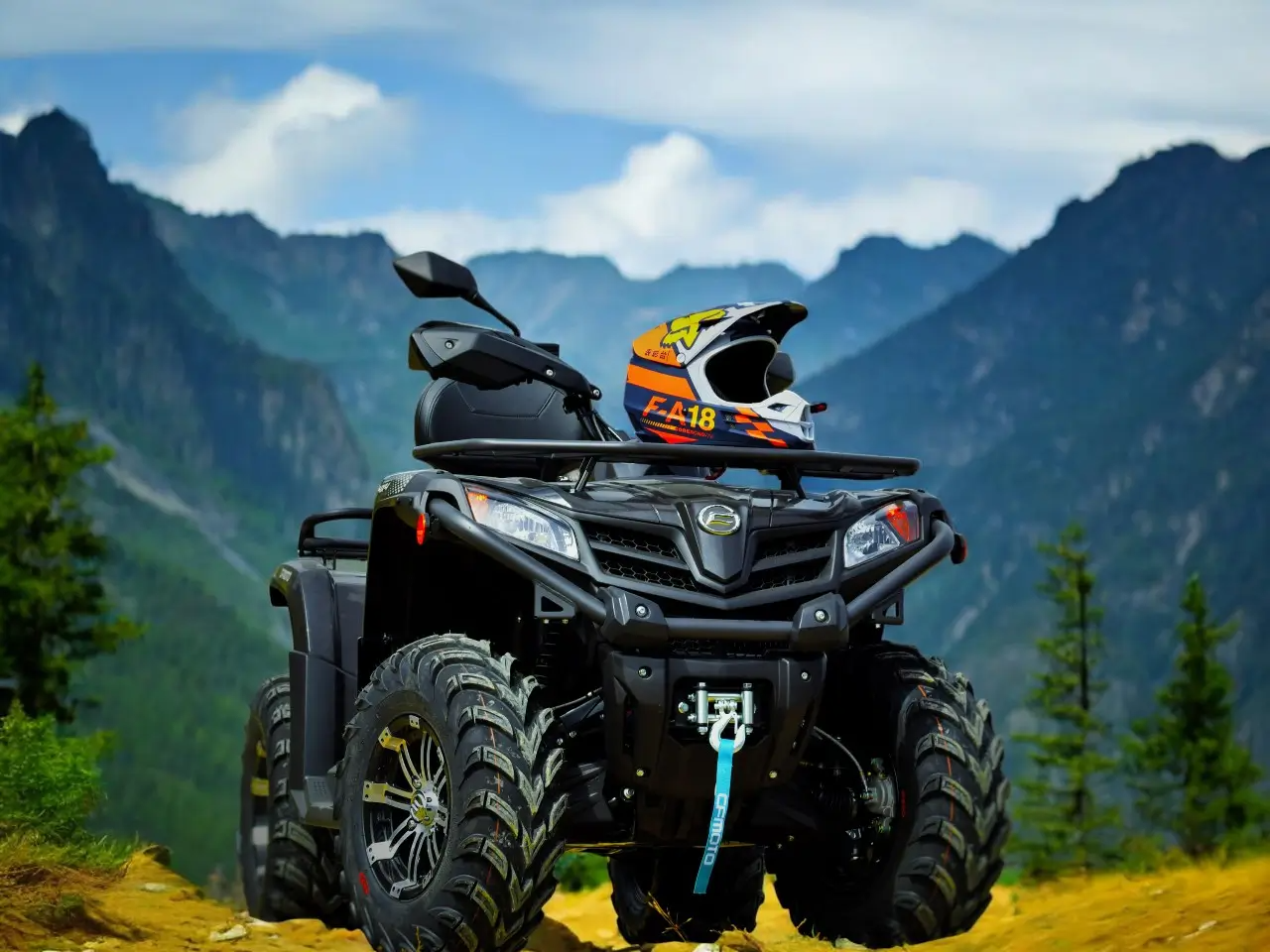  A stylized image featuring ATV riders wearing helmets and protective gear, receiving instructions from a guide. The scene should convey a sense of safety, professionalism, and preparation. The background should show a fleet of well-maintained ATVs ready for use. Use a bright and cheerful color palette to create a positive atmosphere.