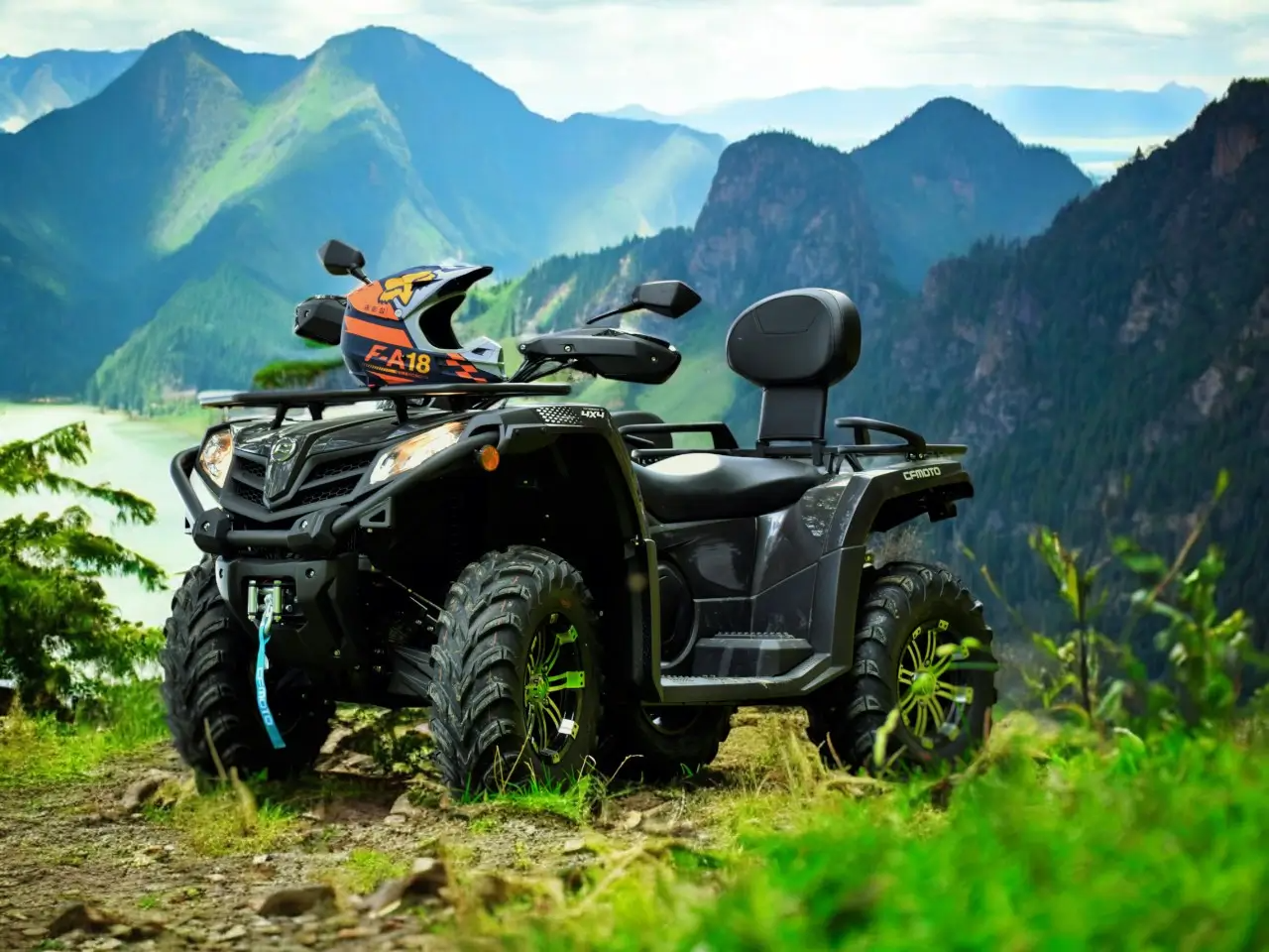  A photorealistic image showcasing an ATV navigating a challenging mountain trail in Sinaia. The focus should be on the ATV kicking up mud or snow, surrounded by lush forest or snow-covered peaks. The lighting should highlight the rugged terrain and the power of the ATV. Use a shallow depth of field to create a sense of motion and adventure.