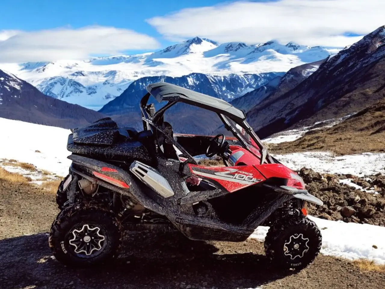Create a 4K high-quality image that represents the spirit of 'Inchirieri ATV Sinaia'. The scene depicts a group of friends, diverse in age and background, laughing and celebrating after an ATV ride. They are gathered around their ATVs, parked at the edge of a scenic overlook, with a panoramic view of the Carpathian Mountains in the background. The lighting is warm and inviting, suggesting a sense of camaraderie and adventure. The image should evoke feelings of freedom, excitement, and connection with nature. Consider a slightly stylized, yet realistic approach. Pay attention to the details of the ATVs and the expressions on the faces of the group. Props include helmets, outdoor gear, and perhaps a celebratory beverage. The overall composition should be balanced and visually appealing. Aim for a style reminiscent of a high-end outdoor adventure advertisement. Ensure the image captures the essence of 'Exploră Natură cu Stil'.