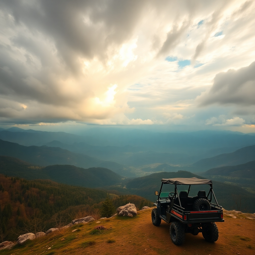 Create a photorealistic image of an ATV traversing a winding mountain trail near Sinaia. The ATV is kicking up dust and mud, with lush green forests on either side. Sunlight filters through the trees, creating dappled lighting effects. The focus is on the sense of adventure and the beauty of the natural environment.