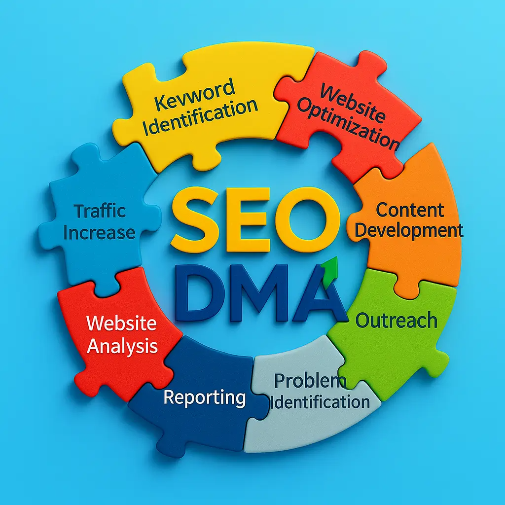 Visualize a puzzle with various pieces representing different aspects of SEO (e.g., keyword research, link building, content creation). The pieces should fit together seamlessly, symbolizing a customized and integrated SEO solution. The color palette should be vibrant and diverse, reflecting the multifaceted nature of SEO.