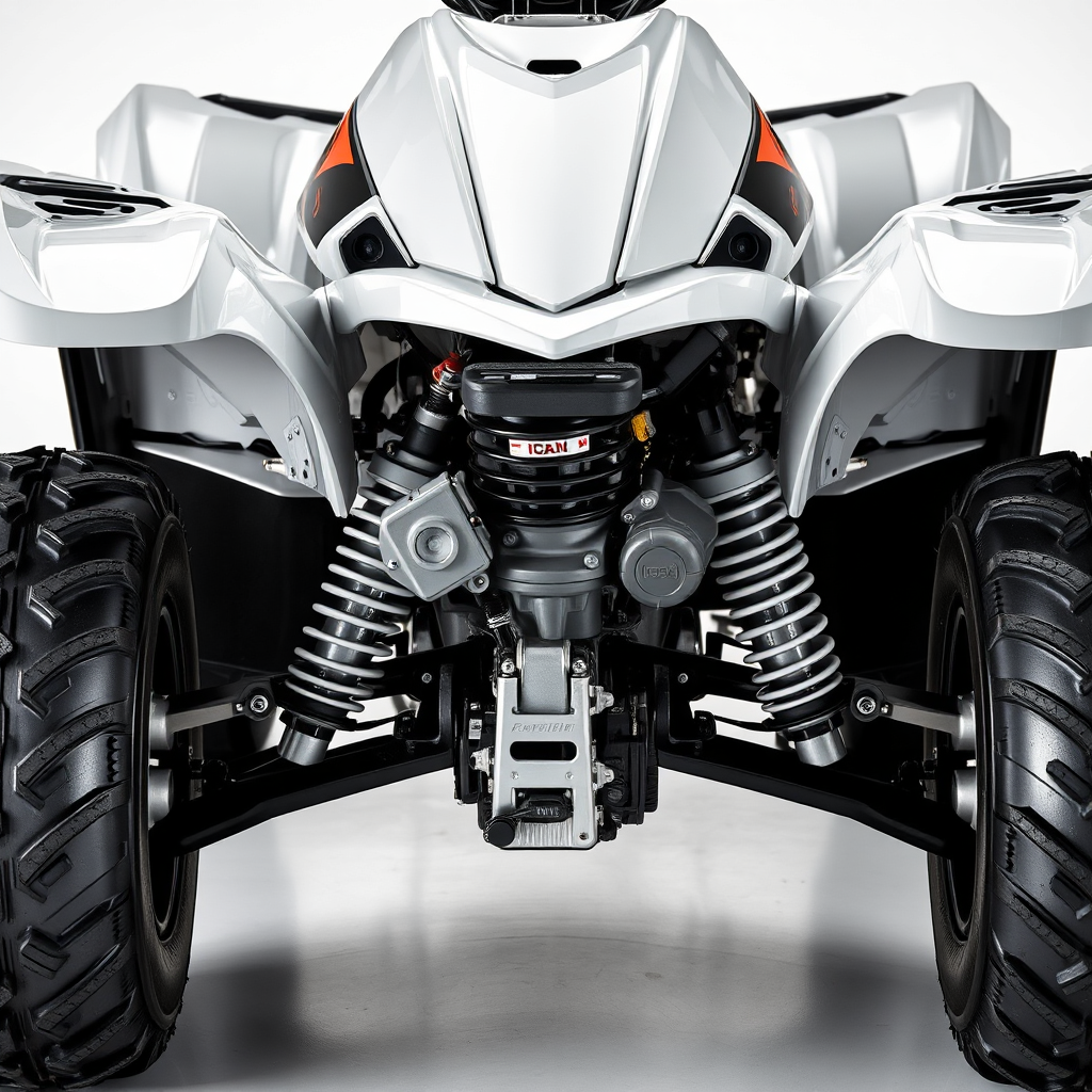 Showcase a brand new, well-maintained ATV, highlighting its features and capabilities. The ATV should be clean and shiny, with attention to detail on the tires, suspension, and engine. The lighting should be bright and even, emphasizing the quality and reliability of the vehicle. Style: Product photography. Technical specs: High resolution, macro lens for detail.