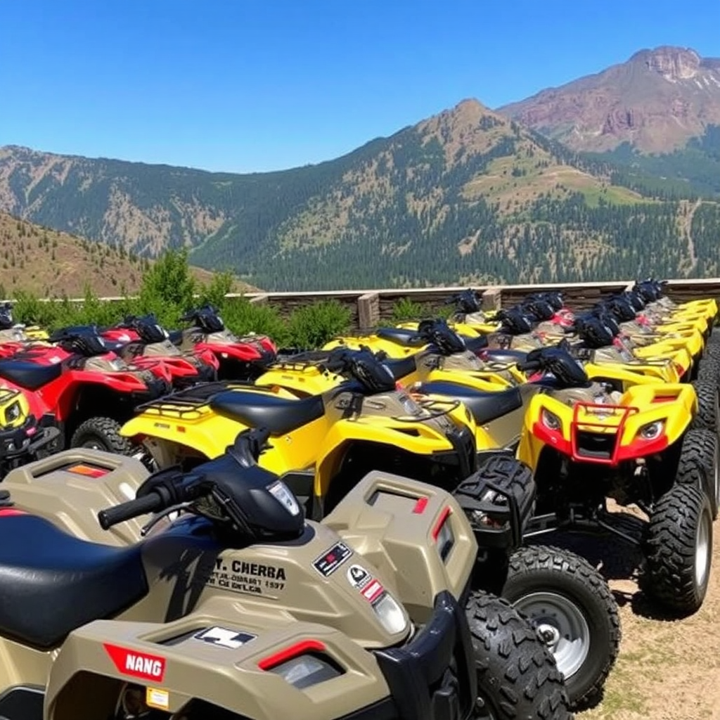 Showcase a fleet of well-maintained ATVs ready for rental, arranged neatly in a row against a scenic mountain backdrop.