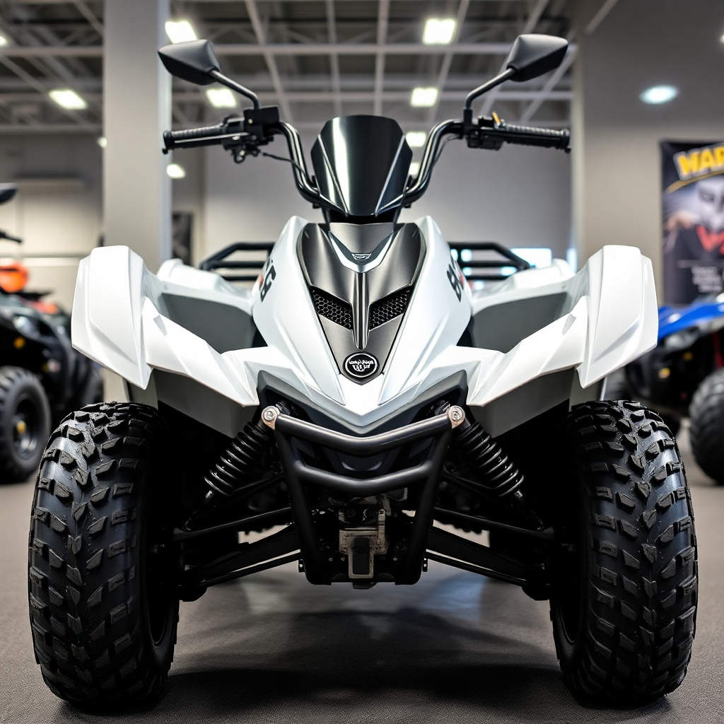 Showcase a modern ATV in a showroom setting. Focus on the sleek design and high-quality components. Use professional lighting to highlight the vehicle's features. Consider a wide shot that includes the entire ATV and a portion of the showroom.