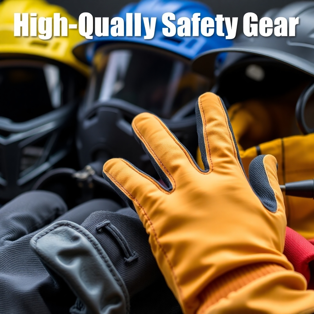 Showcase a selection of high-quality safety gear, including helmets, gloves, and protective clothing. Focus on the details and materials. Use clean lighting to highlight the quality of the equipment. Consider a close-up shot that focuses on one specific item.