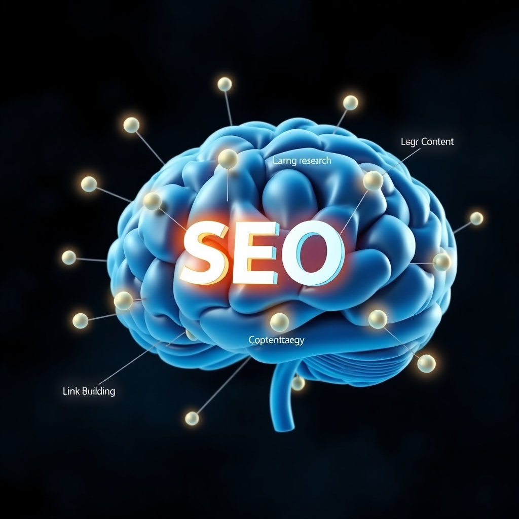 Visualize a 3D rendering of a brain with interconnected nodes and lines, each node representing a different aspect of SEO (e.g., keyword research, content optimization, link building). The lines connecting the nodes should light up sequentially, symbolizing the dynamic flow of information and strategy. The color palette should be a blend of blues and greens, with highlights of gold to represent strategic breakthroughs. The background should be a dark, abstract space. This image should illustrate the intricate and interconnected nature of a successful SEO strategy.