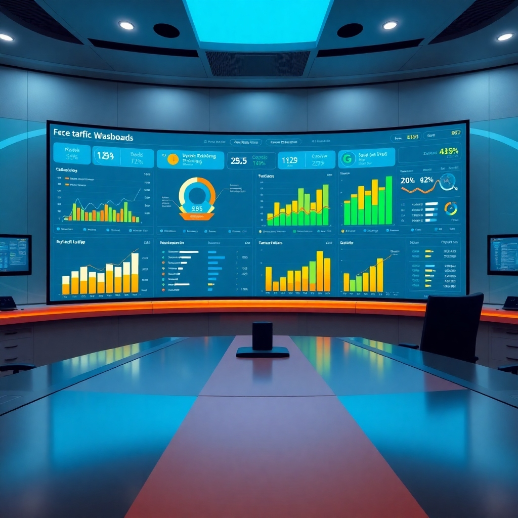 Visualize a dashboard with dynamic charts and graphs showcasing website traffic, keyword rankings, and conversion rates. The dashboard should be displayed on a large, curved screen in a modern control center. The scene should convey a sense of real-time monitoring and data-driven decision-making. The color palette should be a mix of blues, greens, and oranges, with clear and concise data visualizations.